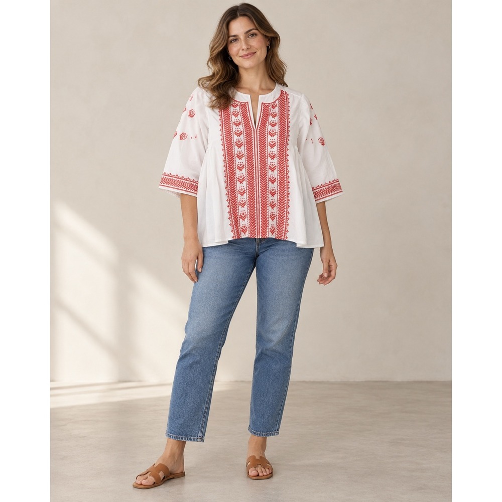 Roller Rabbit Embroidered Cotton Tunic Top White Red Boho Coastal Cowgirl L